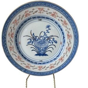Tienshan Rice Flower Blue White 10 in embossed trim Dinner plate Rice Grain